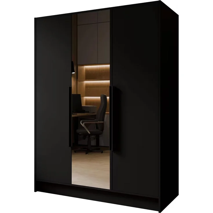 MEBLINI Kleiderschrank LUSINDA 150cm - Schwarz Matt - mit schwarzen Griffen - Drehtürenschrank mit einem Spiegel - Kleiderstangen und Regalböden – Bild 1