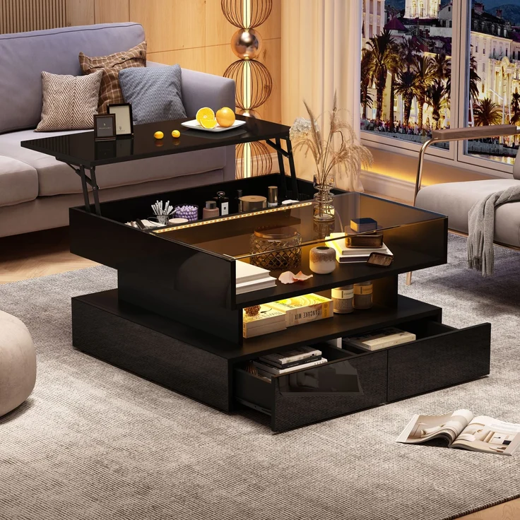 Couchtisch mit hydraulischer Hubfunktion und LED-Beleuchtung, Hochglanz Oberfläche, 2 Schubladen & gehärtetem Glas,Schwarz – Bild 5