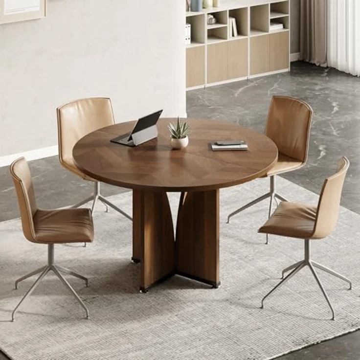 LITTLE TREE Kleiner Konferenztisch (99 cm) für 4 Personen, runder Besprechungstisch mit X-förmigem Fußgestell, für Büro, Konferenzraum, kleine Räume, Dunkelbraun – Bild 7