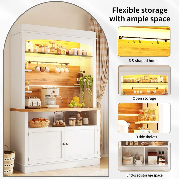 TavilaEcon Küchenbuffet 184cm hoher Buffetschrank, Hochschrank mit LED-Beleuchtung & Glasregal weiß 184 × 43 × 107 cm (H × T × B) – Modell N620GG251105W-2 – Bild 7