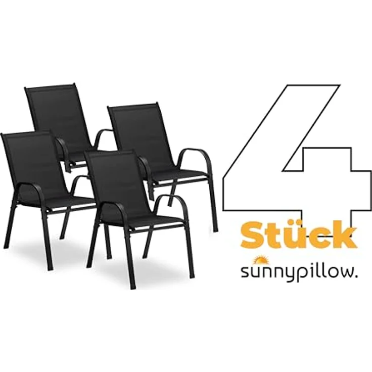 sunnypillow Gartenstuhl Stapelstühle schwarz – Hochlehner Gartenstühle mit Armlehnen, 4er Set Stapelstühle – Bild 5