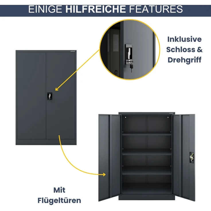 Aktenschrank abschließbar KADO - 4 Ebenen verstellbar, Flügeltüren | Metallschrank Werkstatt Mehrzweckschrank Büroschrank aus Stahl Werkzeugschrank, 140 x 90 x 60 cm Anthrazit – Bild 5