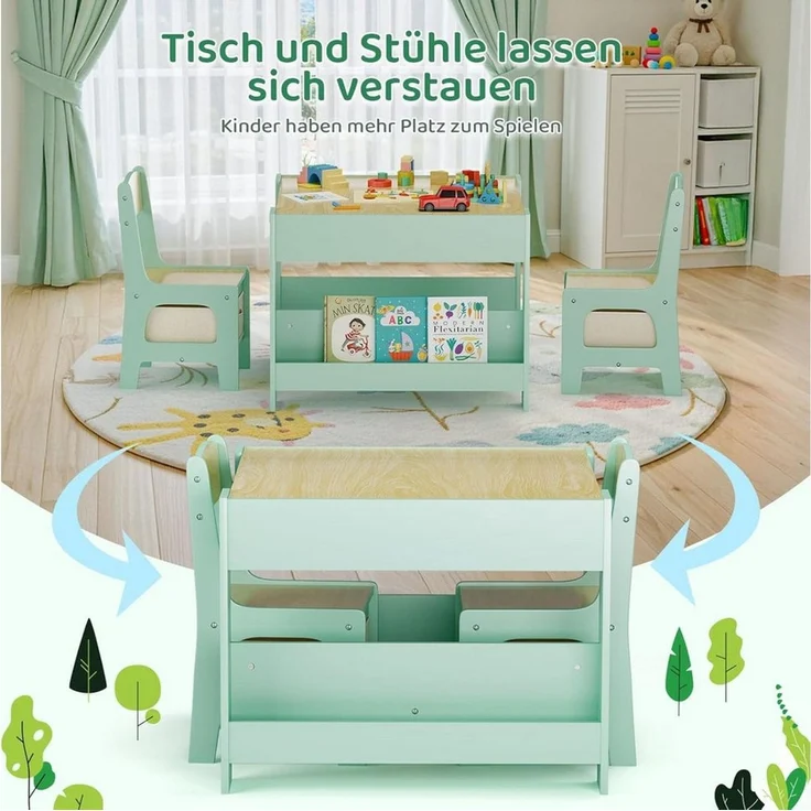TLGREEN Kindersitzgruppe 3-in-1 Multifunktional mit Whiteboard & Kreidetafel, (Maltisch & Schreibtisch mit Großen Stauraum & Buchständer, Spieltisch für Lego Kinderzimmer), Klappbar, Sicher, für Jungen Mädchen ab 3-6 Jahren – Bild 3