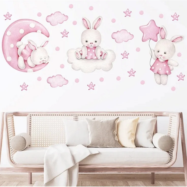 Montegoni Wandsticker Wandtattoo Kinder Tier Wandsticker (Kaninchen Tanz Ballon, Wolken, Sterne, Wandaufkleber für Mädchenzimmer,babyzimmer), wasserdichte und abnehmbare – Bild 1