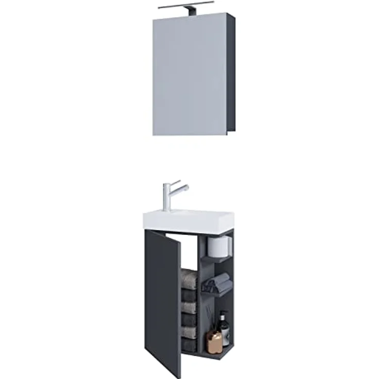VCM Badmöbelset Lumia, 3-tlg, Waschplatz mit Keramikwaschbecken, Spiegelschrank und Stauraum, für Gäste-WC und Gästebad – Bild 1