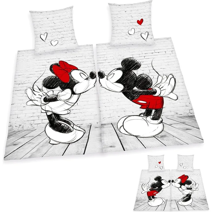 Herding DISNEY MICKEY & MINNIE Partnerbettwäsche-Set, Wendemotiv, 2 x Bettbezug 135x200 cm, 2 x Kopfkissenbezug 80x80 cm, Baumwolle/Renforcé