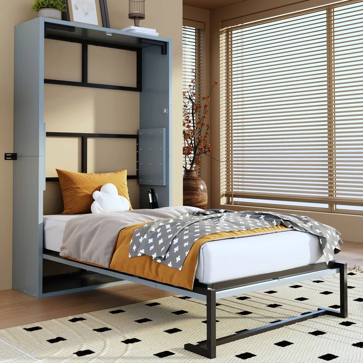 Merax Schrankbett, 90x200 cm Murphy-Bett, Metallrahmen-Wandklappbett, Faltbett Kombination aus Metallrahmen und Holzplatte, mit Verriegelbarer Wandbefestigung, Grau – Bild 2