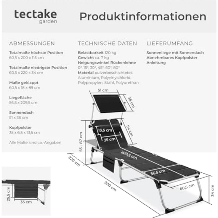tectake® Sonnenliege mit Dach, Liege klappbar mit Kopfkissen + Seitentasche, zusammenklappbar, leicht tragbar, Strandliege, Liegestuhl klappbar für Garten, Sonnenliege Camping - schwarz – Bild 7