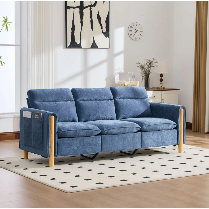 DESVIAE Sofa L-Form mit Stauraumhocker und Seitentaschen 201x77x86 cm Chenille Blau – Bild 2
