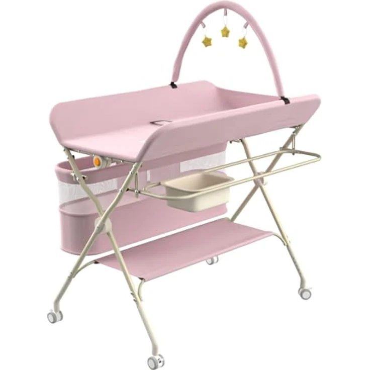 Wickelstation für Baby, Wickeltisch, faltbar, tragbar, Wickeltisch, faltbar, tragbar, mit Aufbewahrungskorb, maximale Belastung von 25 kg,75 x 68 x 83–91 cm (Schwarz) Rosa – Bild 9