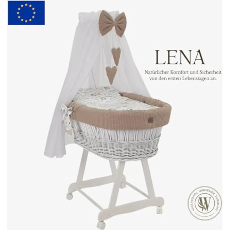 WIKLINOPOL Stubenwagen Lena aus Weide – Babywiege mit Rollen, Matratze, Baldachin & Bettwäsche aus Waffelstoff mit Kaninchen Beige, handgefertigt, weiß Moseskorb – Bild 2