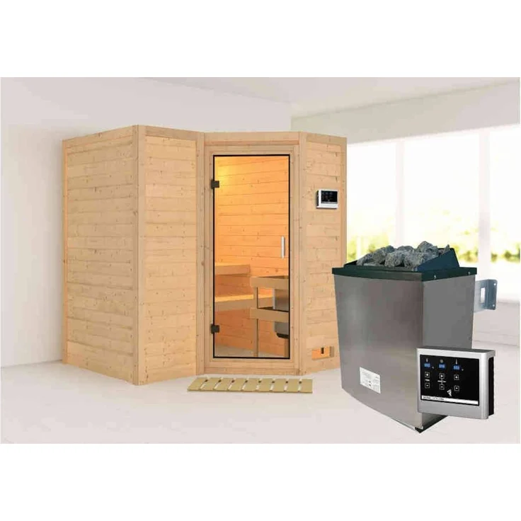 Karibu Sauna Sahib 1 + 9kW Saunaofen mit ext. Steuerung Easy Energiespartür – Bild 6