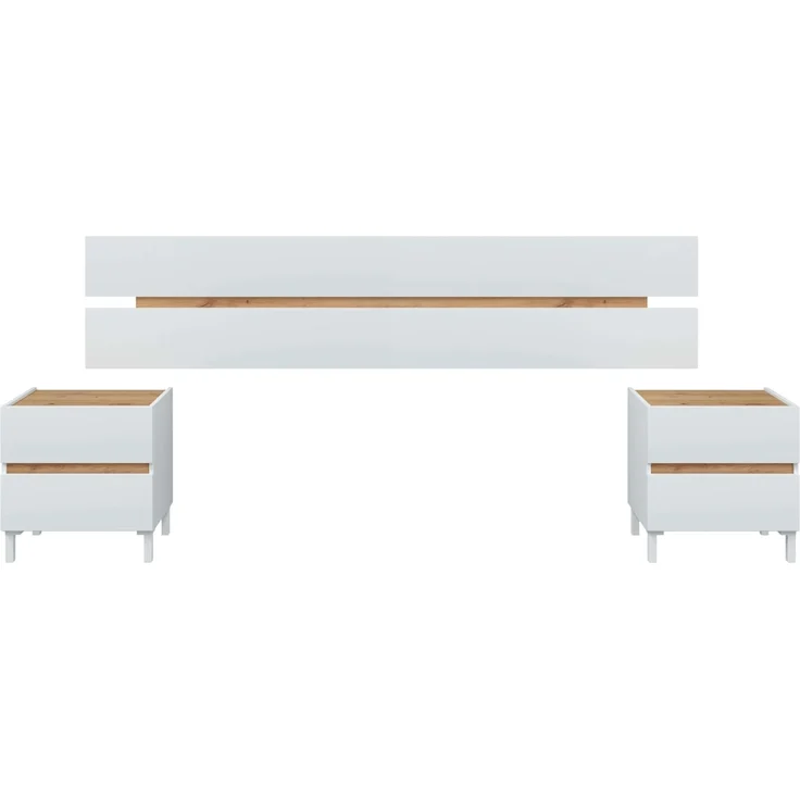 Habitdesign, modernes Kopfteil mit 2 Nachttischen und 4 Schubladen – Schlafzimmer-Set in Arktisweiß & Eiche Nodi, viel Stauraum, Maße: 255 x 100 x 34 cm (B x H x T), Modell Tempus – Bild 2