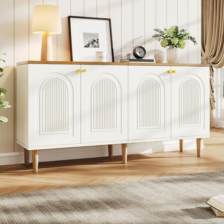 Sideboard 140 x 35 x 71 cm aus MDF und Spanplatte, 4 Türen mit 3D-Relief, Weiß und Holzton