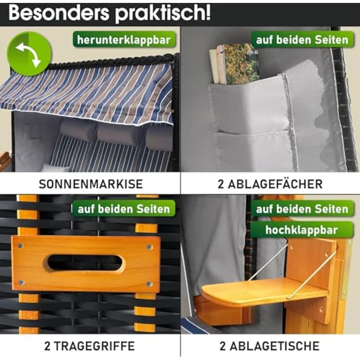 BRAST® Strandkorb Usedom 3-Sitzer XXL für 2-3 Personen | 165cm breit | 5 Designs | inkl. wetterfeste Abdeckhaube | verstellbare Rückenlehne Fußkissen | Braun/Blau - gestreift – Bild 5