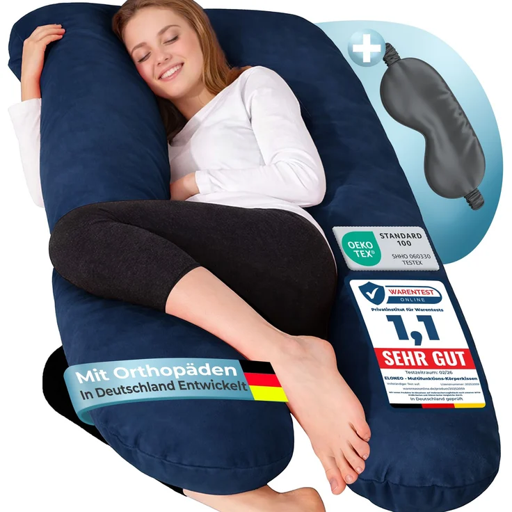 ELONEO Seitenschläferkissen mit Bezug, Stillkissen, Schwangerschaftskissen XXL, Blau – Bild 1