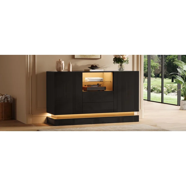 ZUBALIYA Sideboard 140x40x80 cm, mit LED-Beleuchtung, Hochglanz, mit 2 Türen, aus Spanplatte, Schwarz – Bild 12