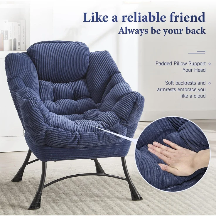 LVHOM Relaxsessel mit Hocker, Loungesessel mit Seitentasche, Lesesessel aus Cordstoff, bequem gepolstert, Metallgestell, bis 180kg belastbar, Blau – Bild 6