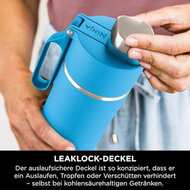 Ninja Thirsti Wasserflasche, Thermobecher to go, 530 ml, auslaufsicherer Deckel, für kohlensäurehaltige, heiße & kalte Getränke, dreifach isolierte Reiseflasche, Edelstahl, Tropenblau, DW1801EUUKSB – Bild 5