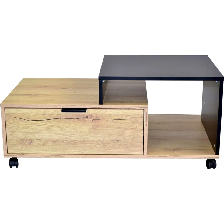 Moderner Couchtisch mit Stauraum – Eichedekor & Schwarz, Schublade, Rollen, 90 x 50 x 40 cm – Bild 3