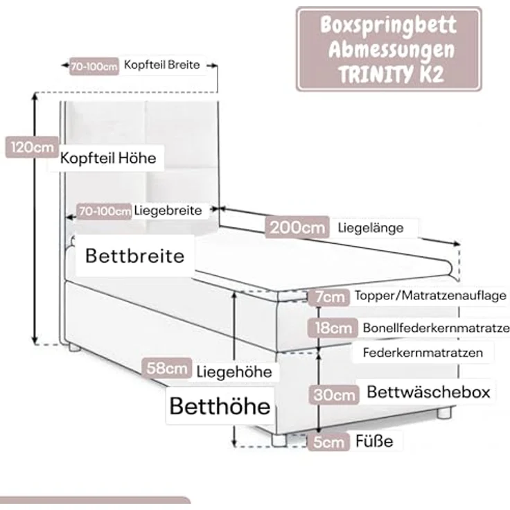 Best For Home Boxbett Trinity K-2, Rosa, Boxspringbett mit Bettkasten, 80x200 cm – Bild 5