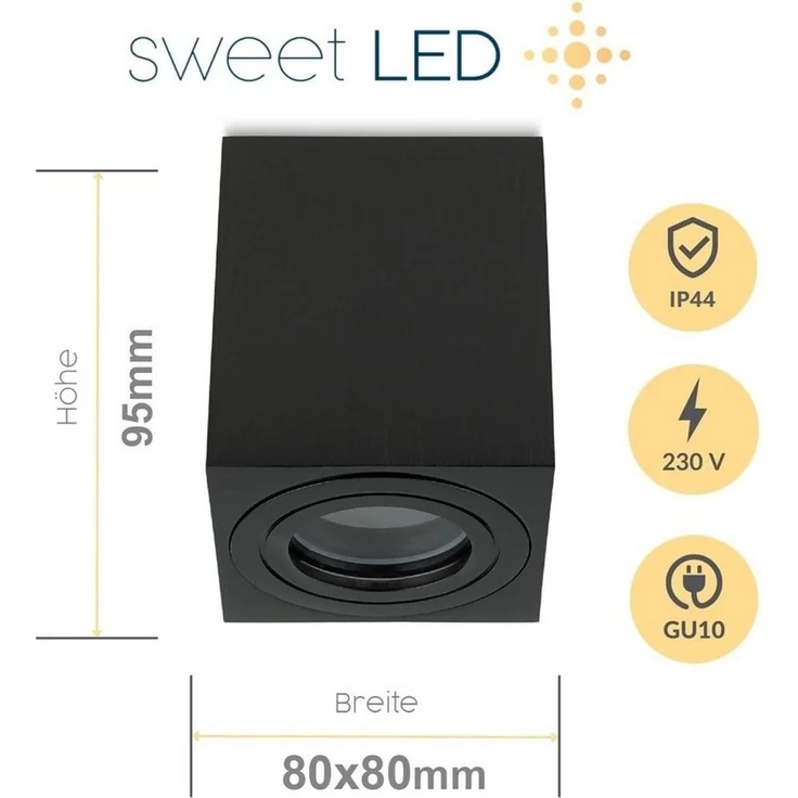 Sweet LED Aufbauleuchte 4er Set GU10 für Bad & Küche IP44 Deckenspots eckig schwarz 230V, spritzwassergeschützt, ohne Leuchtmittel, Aufbaustrahler LED, Aufbauspot, Deckenleuchte – Bild 4