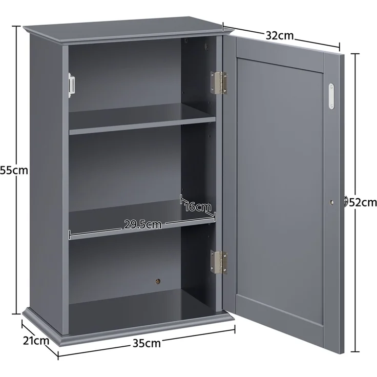 Yaheetech Hängeschrank mit wasserabweisender Beschichtung, bis 16 kg, Holz, 35 x 20,7 x 55 cm, Grau – Bild 4