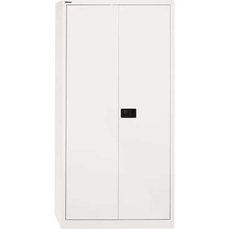 BISLEY Universal Garderobenschrank abschließbar - Stahlschrank mit Hutboden & Kleiderstange, Mitteltrennwand & 3 Fachböden, Flügeltürenschrank mit 3-Punkt-Schloss - Farbe: verkehrsweiß, E782AAG-696