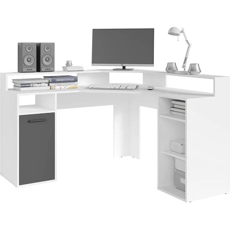 byLiving 'Fox' Schreibtisch in Matt Weiß, mit Aufsatz, Weiß/Anthrazit, 139 x 90,8 x 139 cm