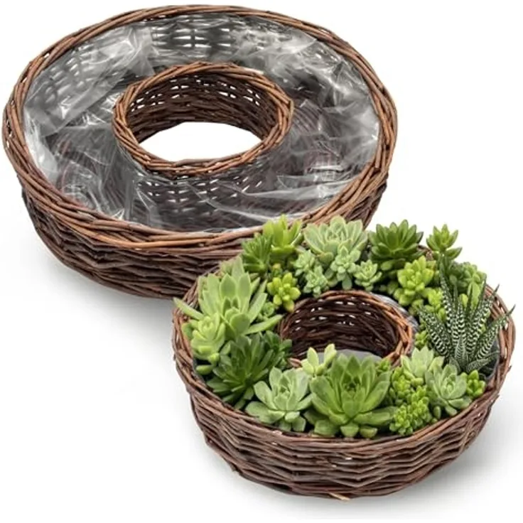 Spetebo Blumentopf Rattan Pflanzring natur (1 Set, 2 St, mit Folie), Weide Blumenschale zum direkten Bepflanzen