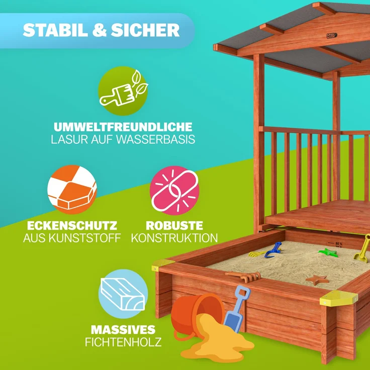 Spielwerk Sandkasten 'Merle' mit Dach und Veranda, Fichtenholz braun, 130 x 225 x 143 cm – Bild 7