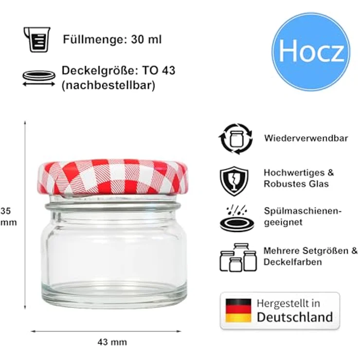 hocz 25x Mini Marmeladengläser 30 ml | mit Deckel Rot Kariert TO 43 | kleine Einmachgläser mit Schraubdeckel zum befüllen | Schraubgläser, Sturzgläser Set | leere Gläser für Marmelade | 25 Stück – Bild 2