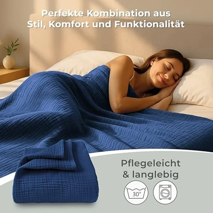 LAYNENBURG Premium Musselin Tagesdecke 180x220 cm - 100% Baumwolle - extraweiche Baumwolldecke als Kuscheldecke, Bett-Überwurf, Sofa-Überwurf, Couch-Überwurf - warme Sofa-Decke (Blau) – Bild 7