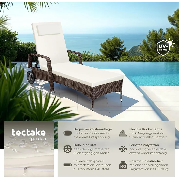tectake Poly Rattan Gartenliege mit Rollen, 6-Fach höhenverstellbarer Liegestuhl, bis 120kg belastbar, Sonnenliege Rattan (wetterfest), Liege inkl. Polster und Kissen - braun gemischt – Bild 3