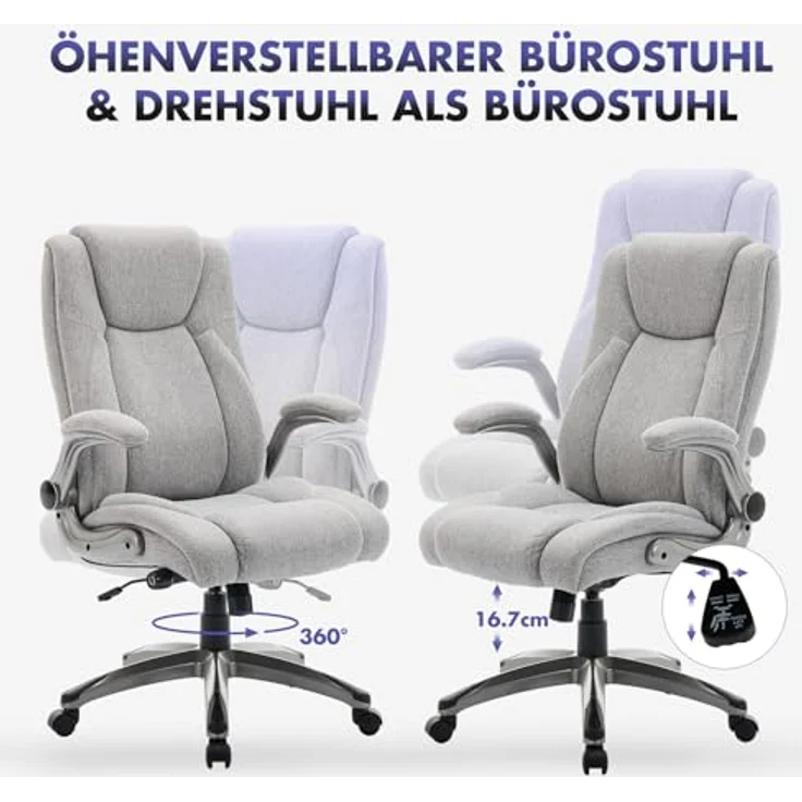 MALOL Ergonomischer Bürostuhl, Schreibtischstuhl aus Kunstleder mit elegantem Design, aufblasbarer Lendenstütze, Federkern-Sitzkissen, klappbaren Armlehnen, für Büro & Homeoffice, Grau – Bild 4