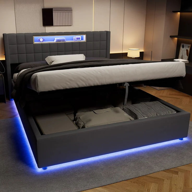 Polsterbett 160x200 cm mit LED, USB-Anschluss und hydraulischem Stauraum – ohne Matratze – Bild 2