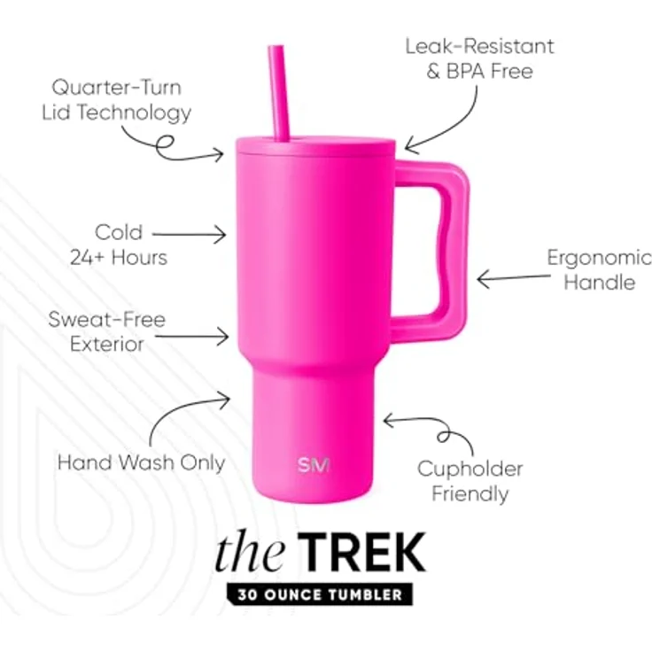Simple Modern Thermobecher mit Strohhalm und Griff | Isolierter Edelstahl-Trinkbecher Eiskaffee-Reisebecher | Geschenke für Frauen und Männer | Trek | 890ml | Raspberry Vibes – Bild 2