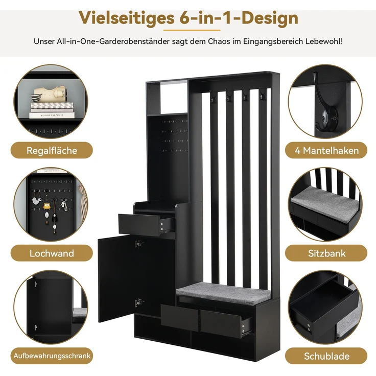 Merax 180cm Flurgarderobe, mit gepolsterter Aufbewahrungsbank, multifunktionaler Flur-Schuhschrank mit Stecktafel, moderne Garderobe mit 4 Haken, Schwarz – Bild 8