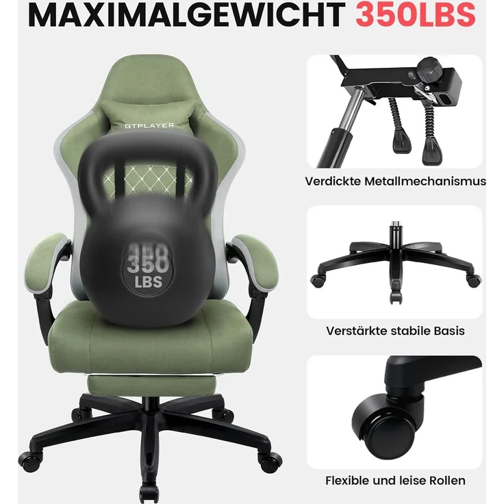 GTPLAYER Gaming Stuhl Stoff, Gaming Sessel mit Taschenfederkissen, ergonomischer Drehstuhl, Gamer Stuhl mit Fußstütze150 kg Belastbarkeit, grün – Bild 8