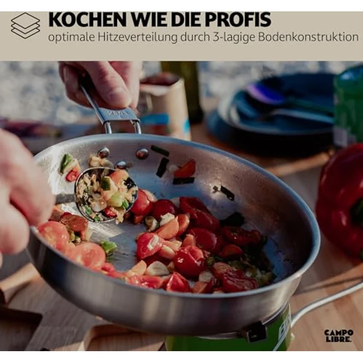 Campo Libre.® Enzo I Camping Kochgeschirr Set aus Edelstahl, induktionsgeeignet, 6-teilig mit Pfanne, Töpfen und Dämpfkörbchen, stapelbar – Bild 5