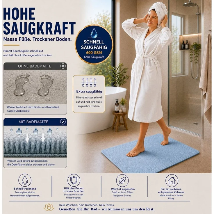 Komfortec Badematte 2er Badetuch Set aus 100% Baumwolle 50x70 cm Extra Weich & Saugstark, Rechteckig, 600 g/m² – Bild 2