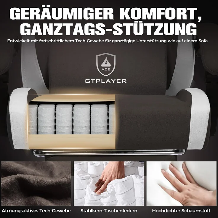 GTPLAYER Gaming Stuhl Ergonomischer, PC Stuhl Atmungsaktiver Stoff, Groß und Hoch Drehbarer Schreibtischstuhl mit Fußstütze,Verstellbare Lendenwirbelstütze und Kopfstütze,Braun – Bild 6