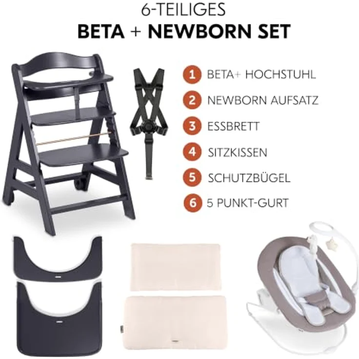 hauck Beta+ Hochstuhl Newborn Set mit Deluxe Bouncer - Dark Grey | Mitwachsender Holz Kinderhochstuhl mit Rollen ab Geburt bis 90 kg | inkl. Neugeborenenaufsatz, Essbrett & Sitzkissen – Bild 2