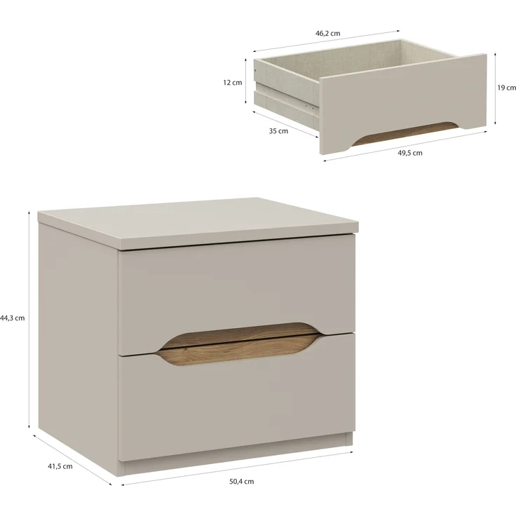 Nachtkommode >EDWAL< 2 Schübe, Sand / Mauvelle Eiche - 50,4x44,3x41,5cm (BxHxT) – Bild 6