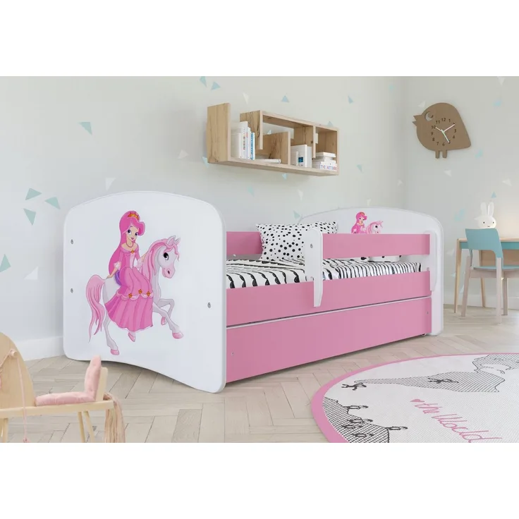 Kocot Kids 'Prinzessin auf dem Pony' Kinderbett 80x160 cm Rosa, mit Rausfallschutz, Matratze, Schublade und Lattenrost