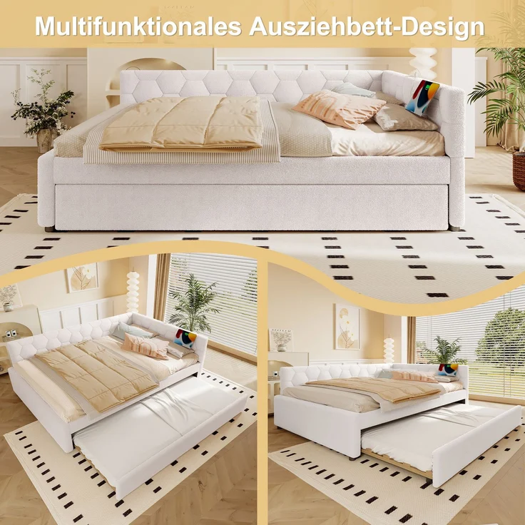 Daybett, 140*200cm Tagesbett, Schlafsofa, Bett mit Lattenrost (ohne Matratze), mit Nachttischlampe, mit multifunktionalem Ausziehbett, USB-Anschluss, Typ-C, Komfortmaterial, Vliesimitat, Weiß – Bild 4