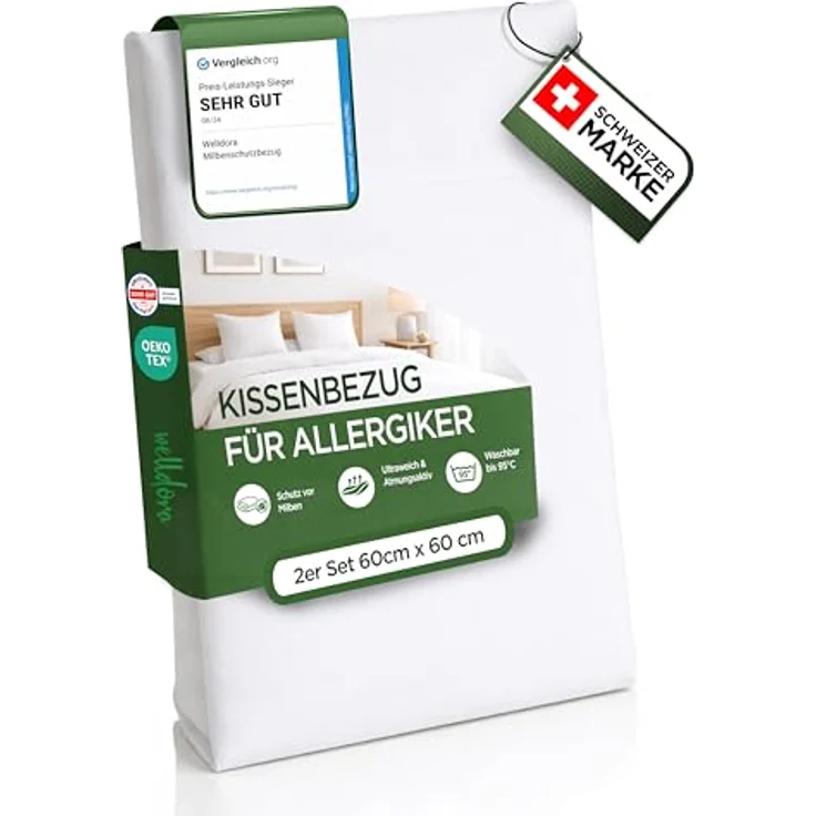 Welldora ǀ 2er-Set Milbenbezug Kissen 60x60 ǀ Fachärztlich getesteter Allergiker Kissenbezug mit Reißverschluss ǀ Hypoallergen und waschbar bis 95 Grad – Bild 1