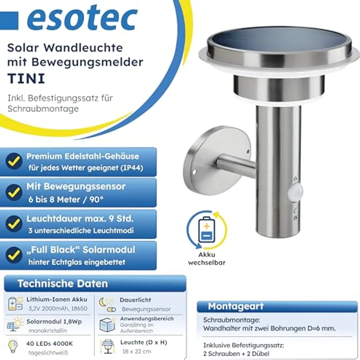 Esotec Solar PIR Wandleuchte Tini, Edelstahl Gehäuse, Bewegungsmelder, 40 LEDs, H=22cm, winterfest, silber – Bild 3