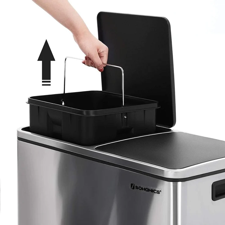 Songmics Mülleimer mit 2 Fächern und Softclose, luftdicht inkl. Müllbeutel, Metall, 60 (2x30) Liter, Silber – Bild 5