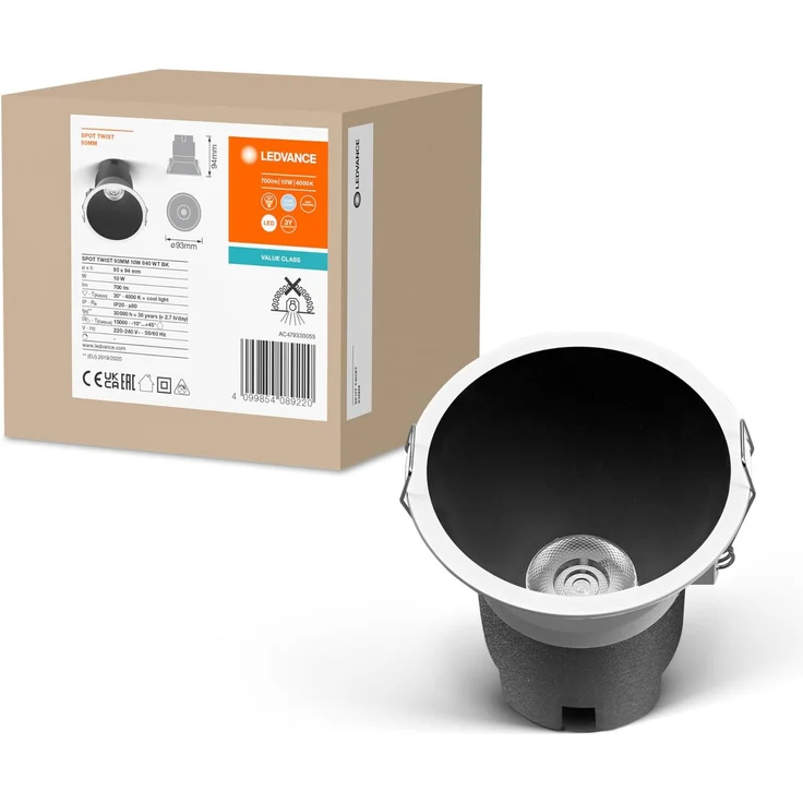 LEDVANCE SPOT TWIST Einbau-Downlight, schwarz, 10W, 800lm, 840 WT, 93mm Durchmesser, kaltweiße Lichtfarbe, bis zu 90% Energieersparnis im Vergleich zu Halogen-Downlights, einfache Montage, 4000K